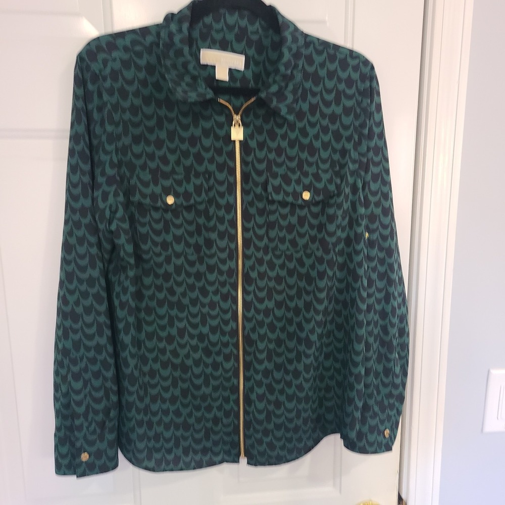 Michael Kors Green Black Print Blouse Shirt With Gold‎ Zipper and BUTTONS Sz L